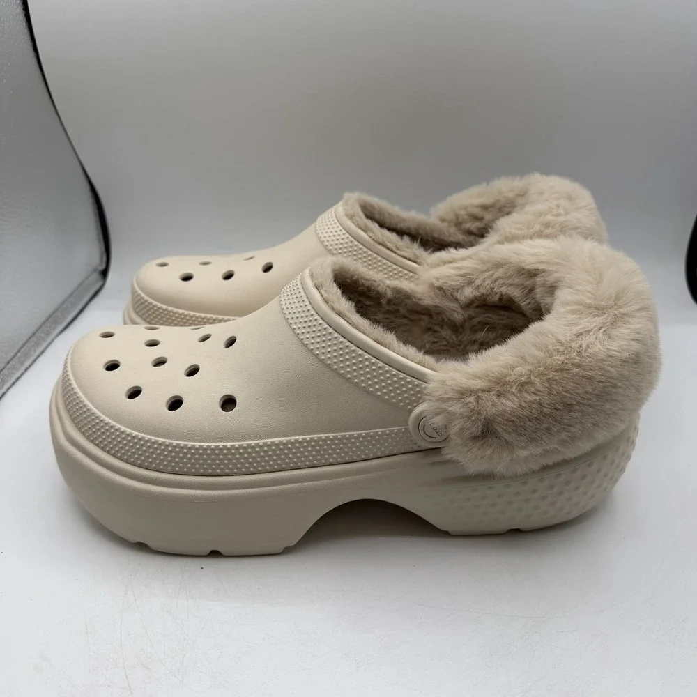 Crocs Stomp Lined‎ Clogs Mens Sz 12 Stucco Fur Lined Platform Slip On Warm Fuzzy